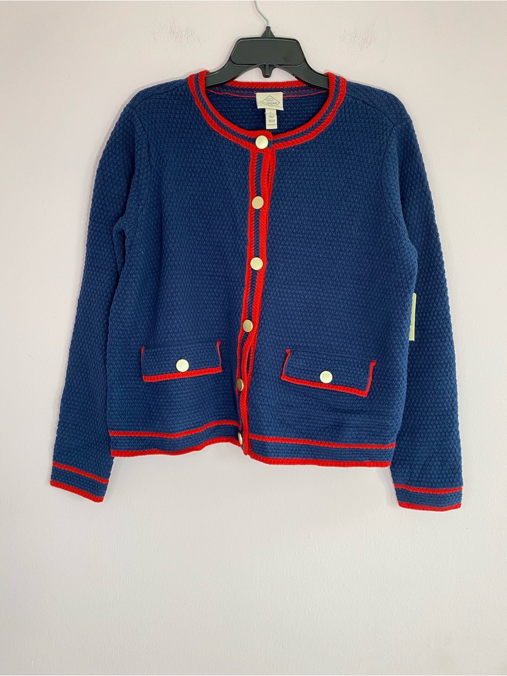 Brand new! St. John's Bay Blue Waffle Knit Cardigan with Red Trim size Large